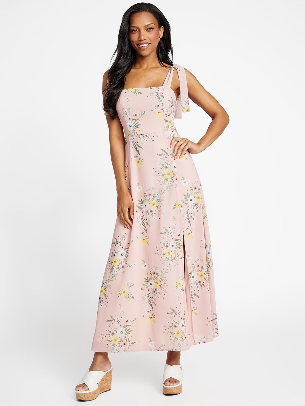 NEW Guess Pink Floral Tie-Shoulder Maxi Dress SZ XS